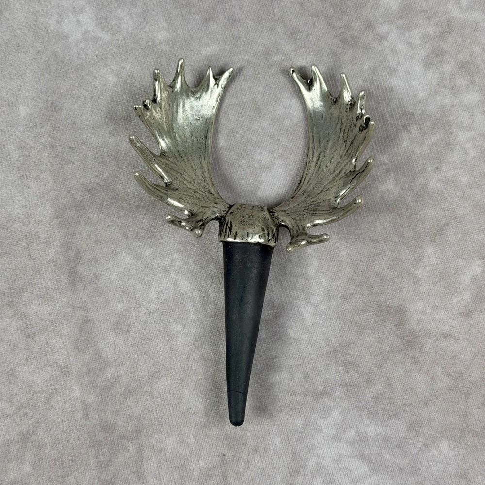 Rustic Moose Antler Wine Bottle Stopper Silver Tone Metal Lodge Cabin Barware